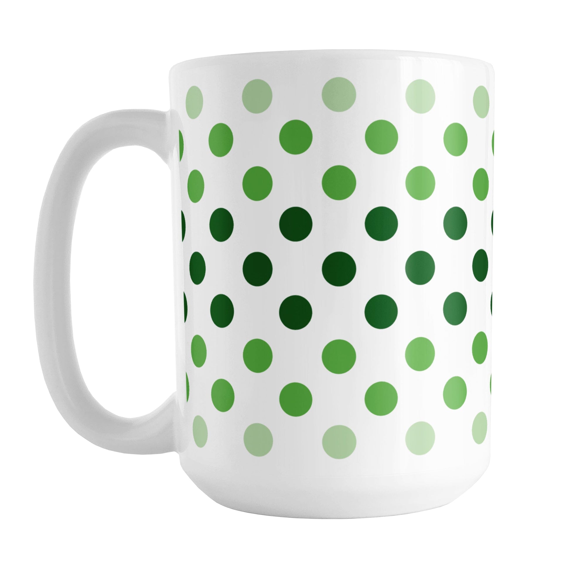 Polka Dots in Green Mug (15oz) at Amy's Coffee Mugs. A ceramic coffee mug designed with polka dots in different shades of green, with the darker green color across the middle and the lighter green along the top and bottom, in a pattern that wraps around the mug to the handle. 