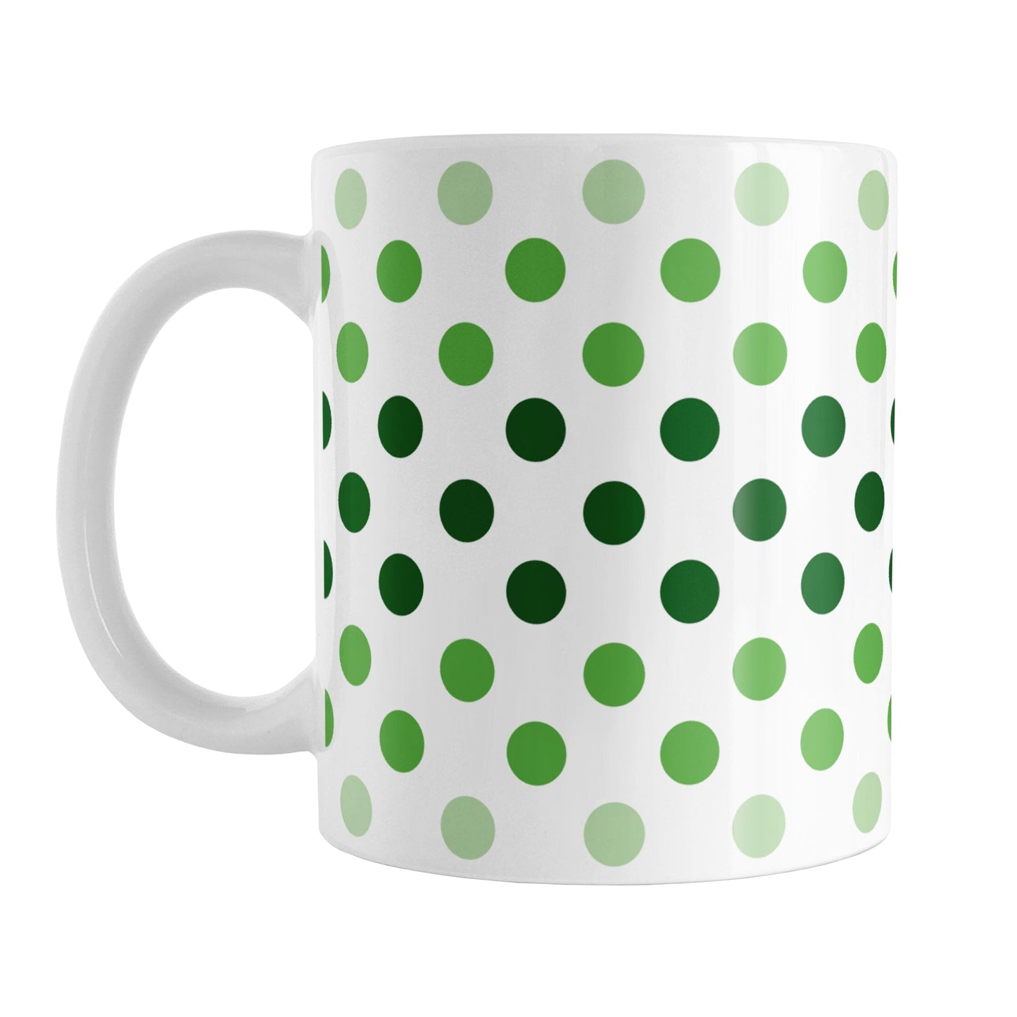 Polka Dots in Green Mug (11oz) at Amy's Coffee Mugs. A ceramic coffee mug designed with polka dots in different shades of green, with the darker green color across the middle and the lighter green along the top and bottom, in a pattern that wraps around the mug to the handle. 