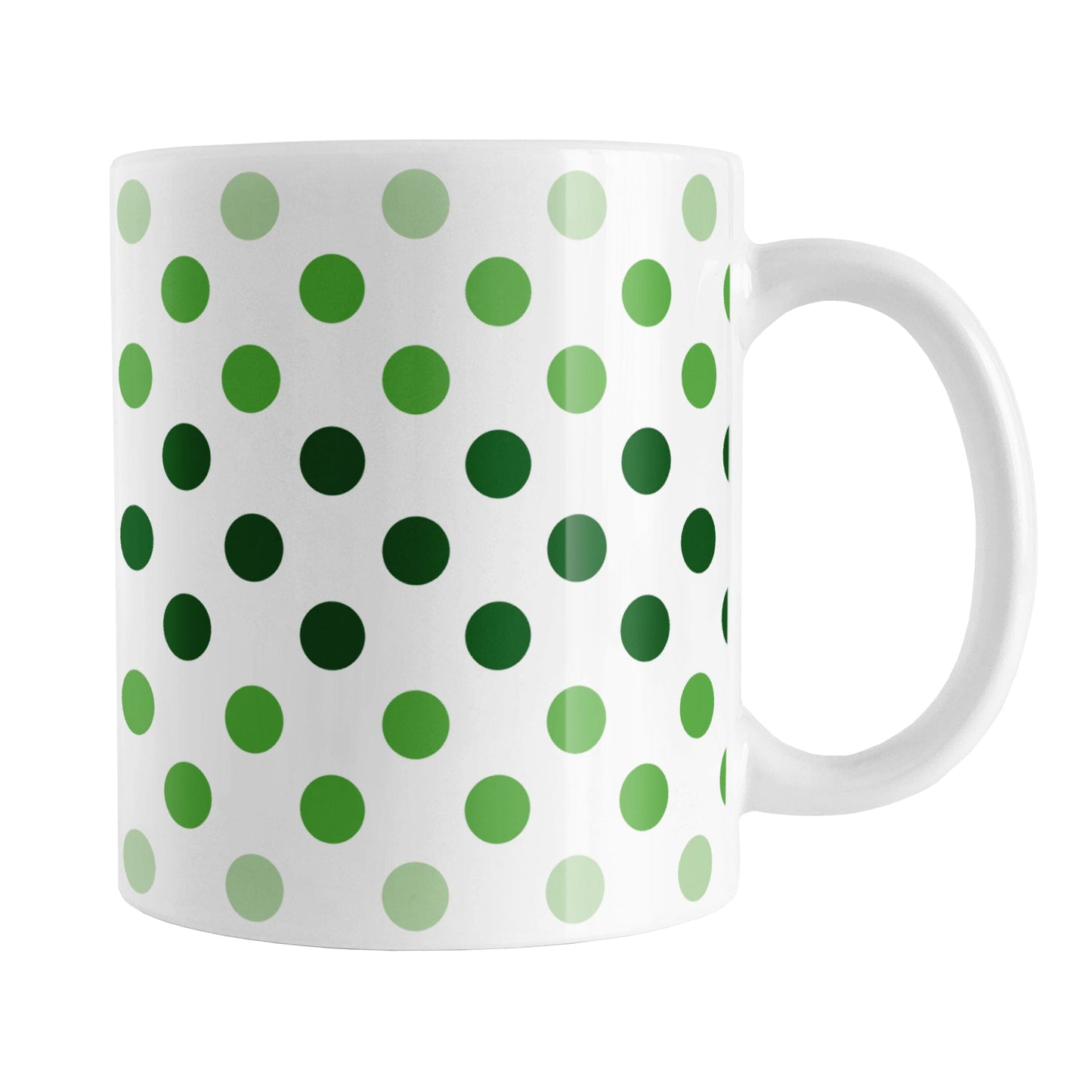 Polka Dots in Green Mug (11oz) at Amy's Coffee Mugs. A ceramic coffee mug designed with polka dots in different shades of green, with the darker green color across the middle and the lighter green along the top and bottom, in a pattern that wraps around the mug to the handle. 