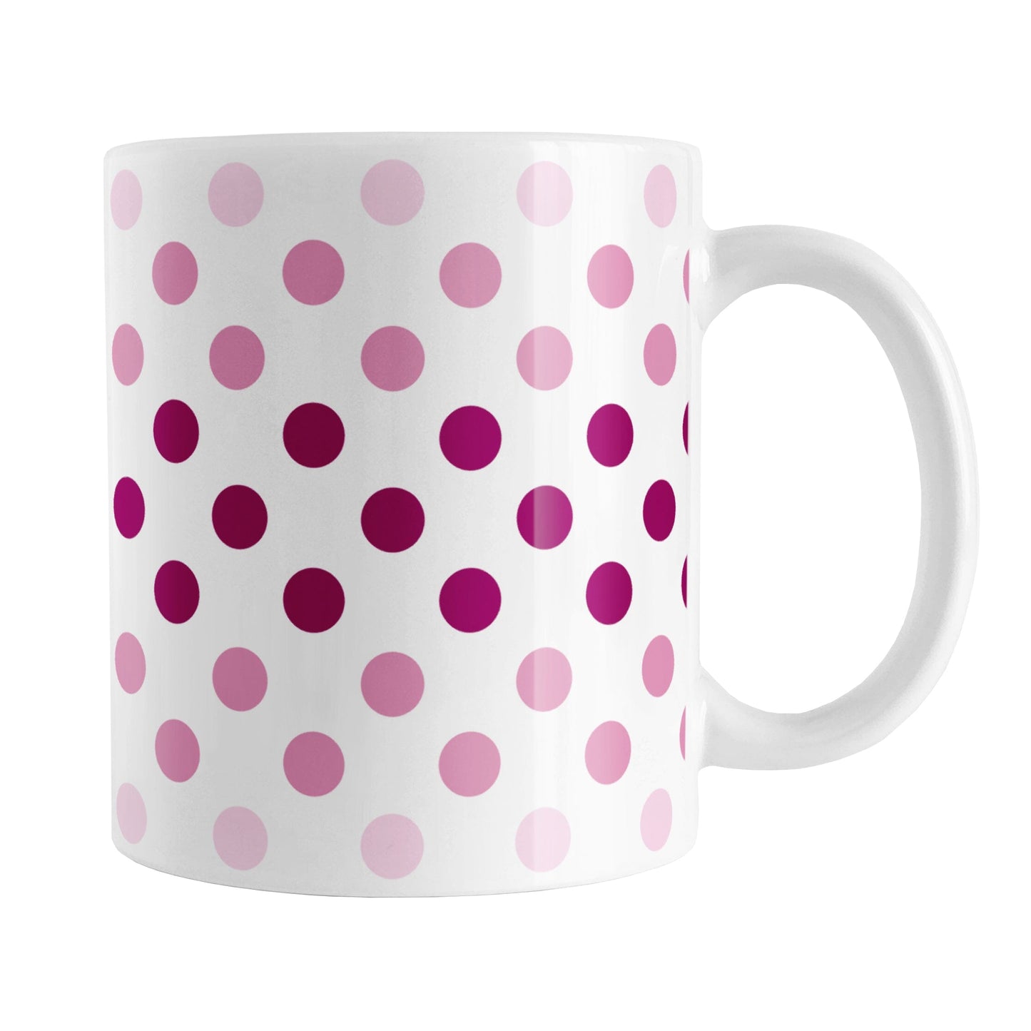 Polka Dots in Pink Mug (11oz) at Amy's Coffee Mugs. A ceramic coffee mug designed with polka dots in different shades of pink, with the darker pink color across the middle and the lighter pink along the top and bottom, in a pattern that wraps around the mug to the handle. 