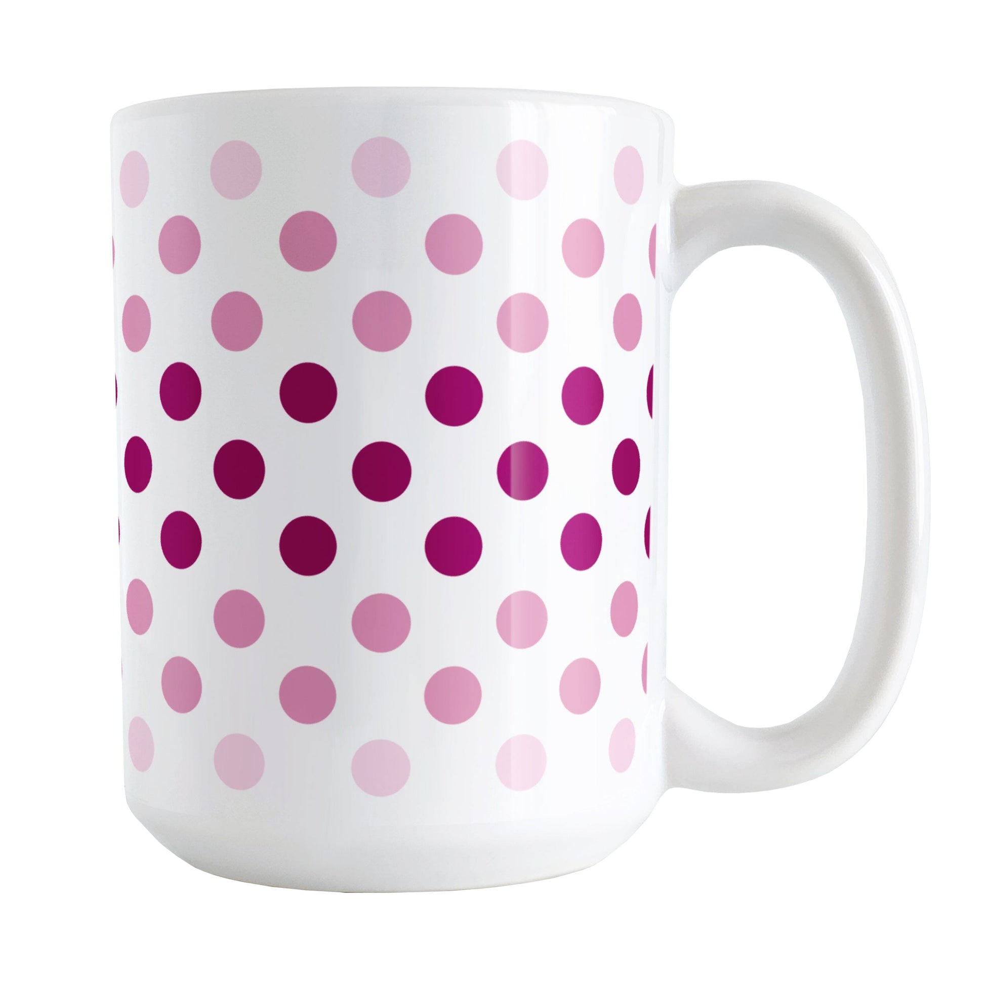 Polka Dots in Pink Mug (15oz) at Amy's Coffee Mugs. A ceramic coffee mug designed with polka dots in different shades of pink, with the darker pink color across the middle and the lighter pink along the top and bottom, in a pattern that wraps around the mug to the handle. 