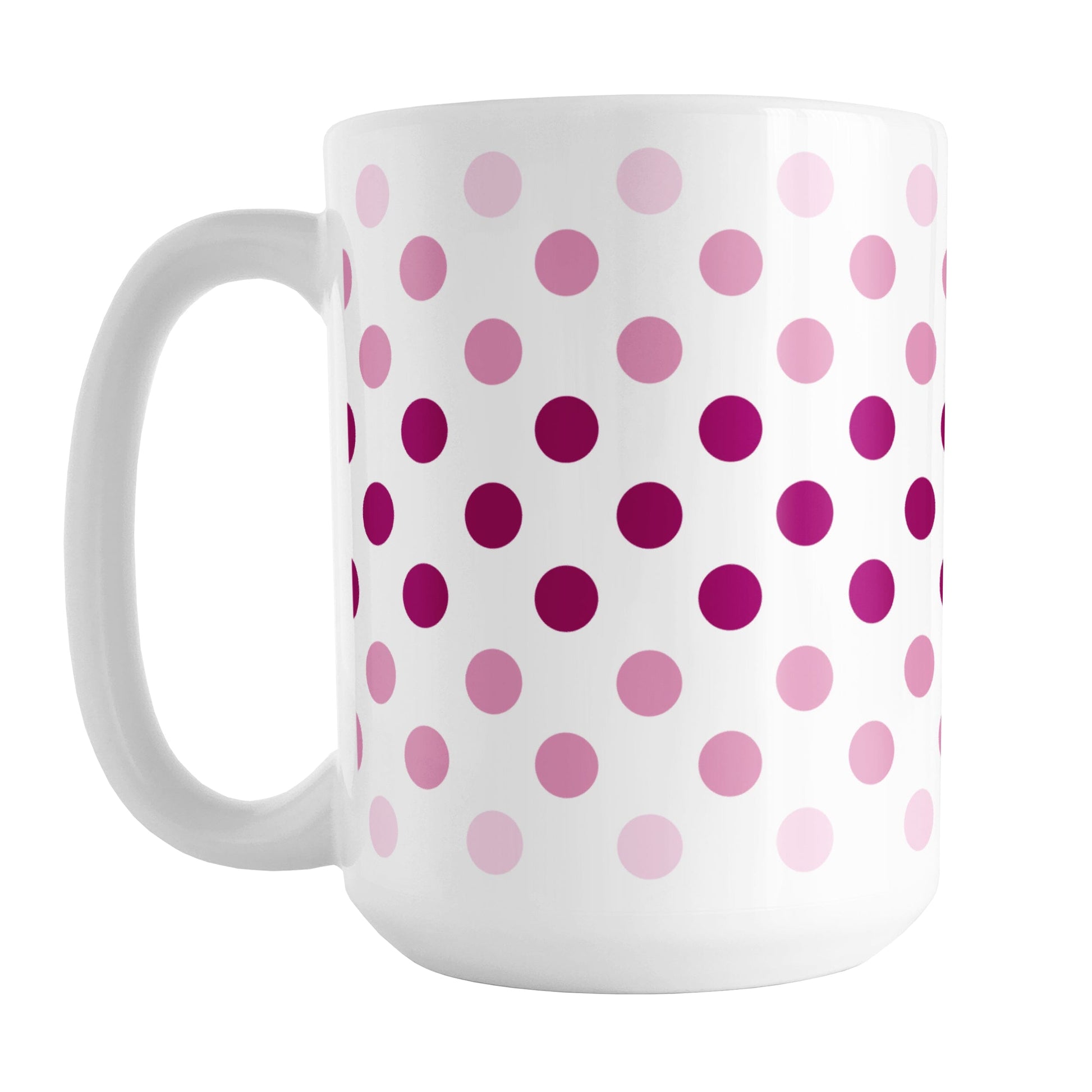 Polka Dots in Pink Mug (15oz) at Amy's Coffee Mugs. A ceramic coffee mug designed with polka dots in different shades of pink, with the darker pink color across the middle and the lighter pink along the top and bottom, in a pattern that wraps around the mug to the handle. 