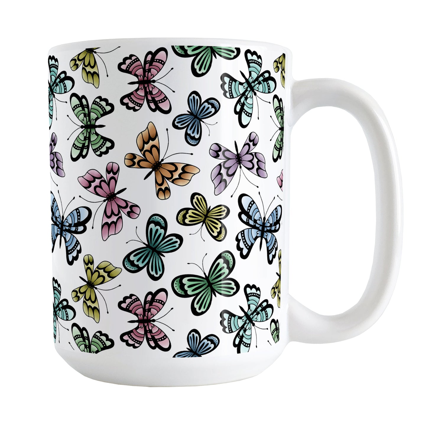 Pretty Butterfly Pattern Mug (15oz) at Amy's Coffee Mugs. A ceramic coffee mug designed with pretty and colorful butterflies in a pattern that wraps around the mug to the handle. This mug is perfect for people who love butterflies and colorful nature designs. 