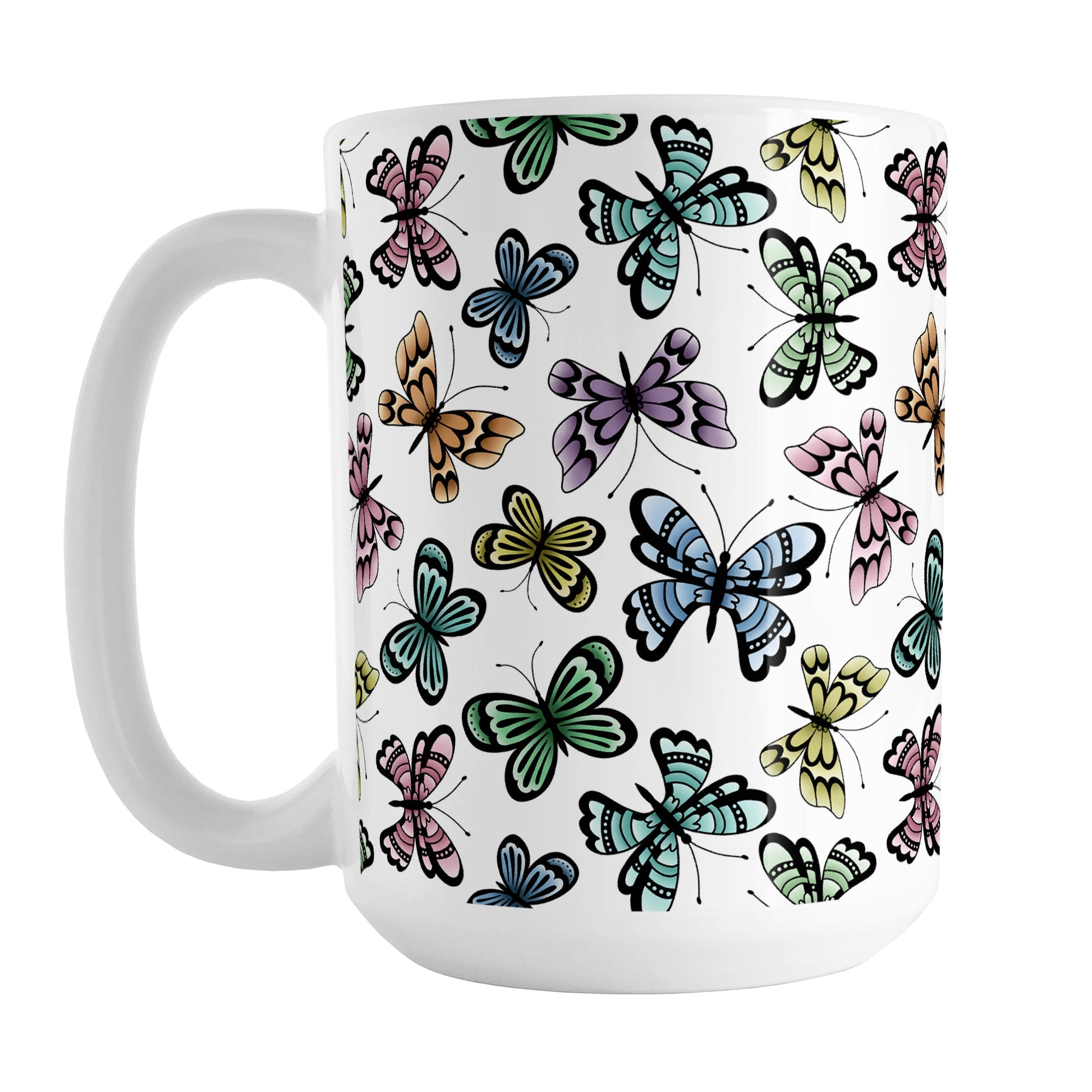 Pretty Butterfly Pattern Mug (15oz) at Amy's Coffee Mugs. A ceramic coffee mug designed with pretty and colorful butterflies in a pattern that wraps around the mug to the handle. This mug is perfect for people who love butterflies and colorful nature designs. 