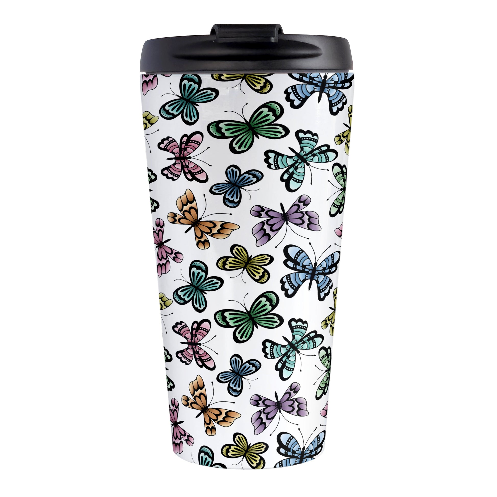 Pretty Butterfly Pattern Travel Mug (15oz) at Amy's Coffee Mugs. A stainless steel travel mug designed with pretty and colorful butterflies in a pattern that wraps around the mug. This travel mug is perfect for people who love butterflies and colorful nature designs. 