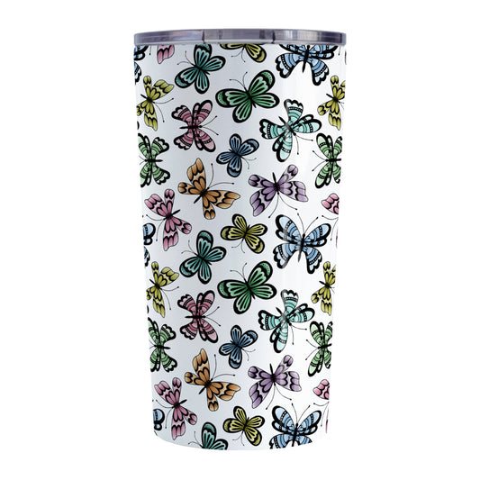 Pretty Butterfly Pattern Tumbler Cup (20oz) at Amy's Coffee Mugs. A stainless steel tumbler cup designed with pretty and colorful butterflies in a pattern that wraps around the cup. This tumbler cup is perfect for people who love butterflies and colorful nature designs. 