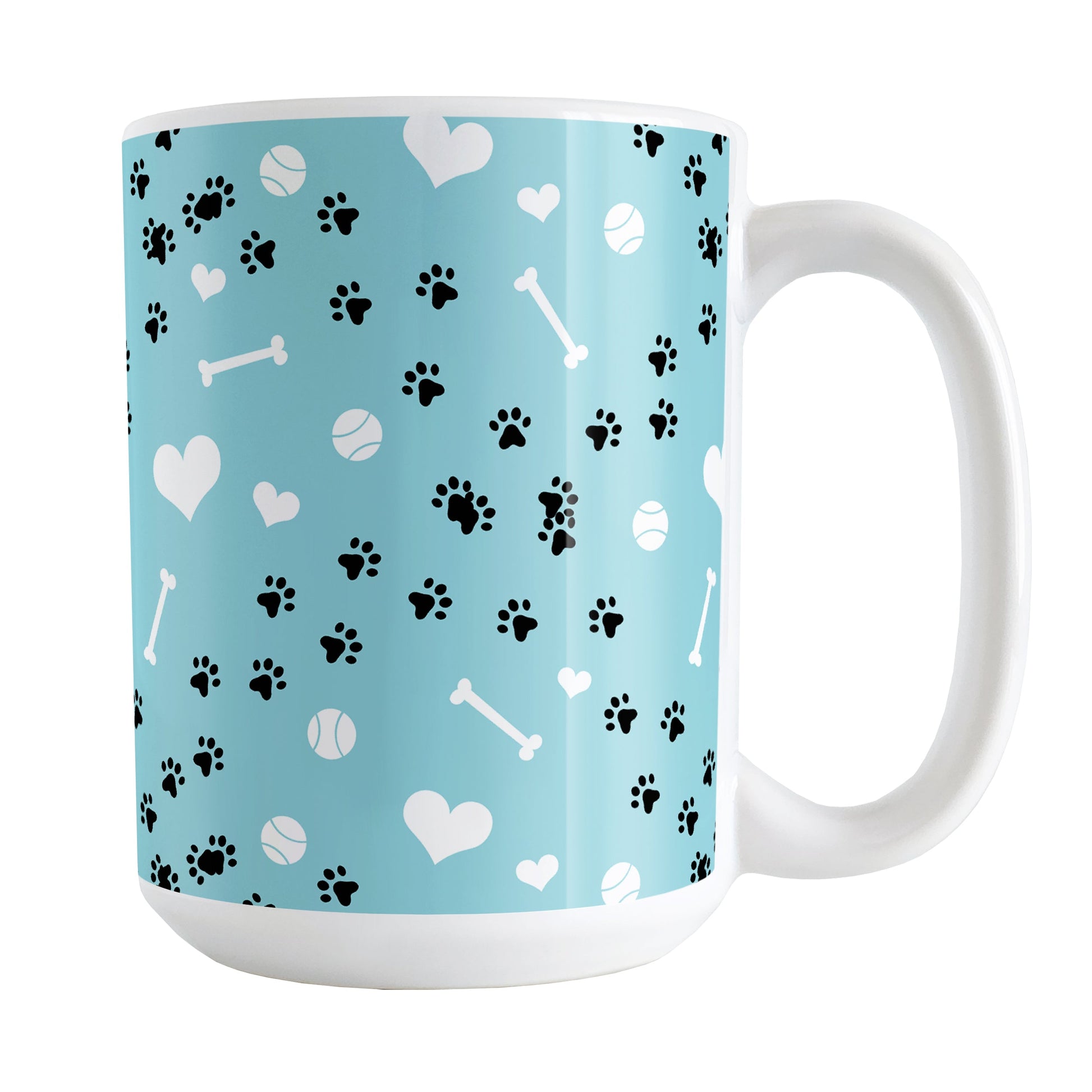 Puppy Run Blue Dog Mug (15oz) at Amy's Coffee Mugs. A ceramic coffee mug designed with a pattern of chaotic tracks of puppy paw prints running around the mug with white dog bones, balls, and hearts over a light blue background. This mug is perfect for people who love the chaotic play of puppies, love dogs, and like blue mugs. 