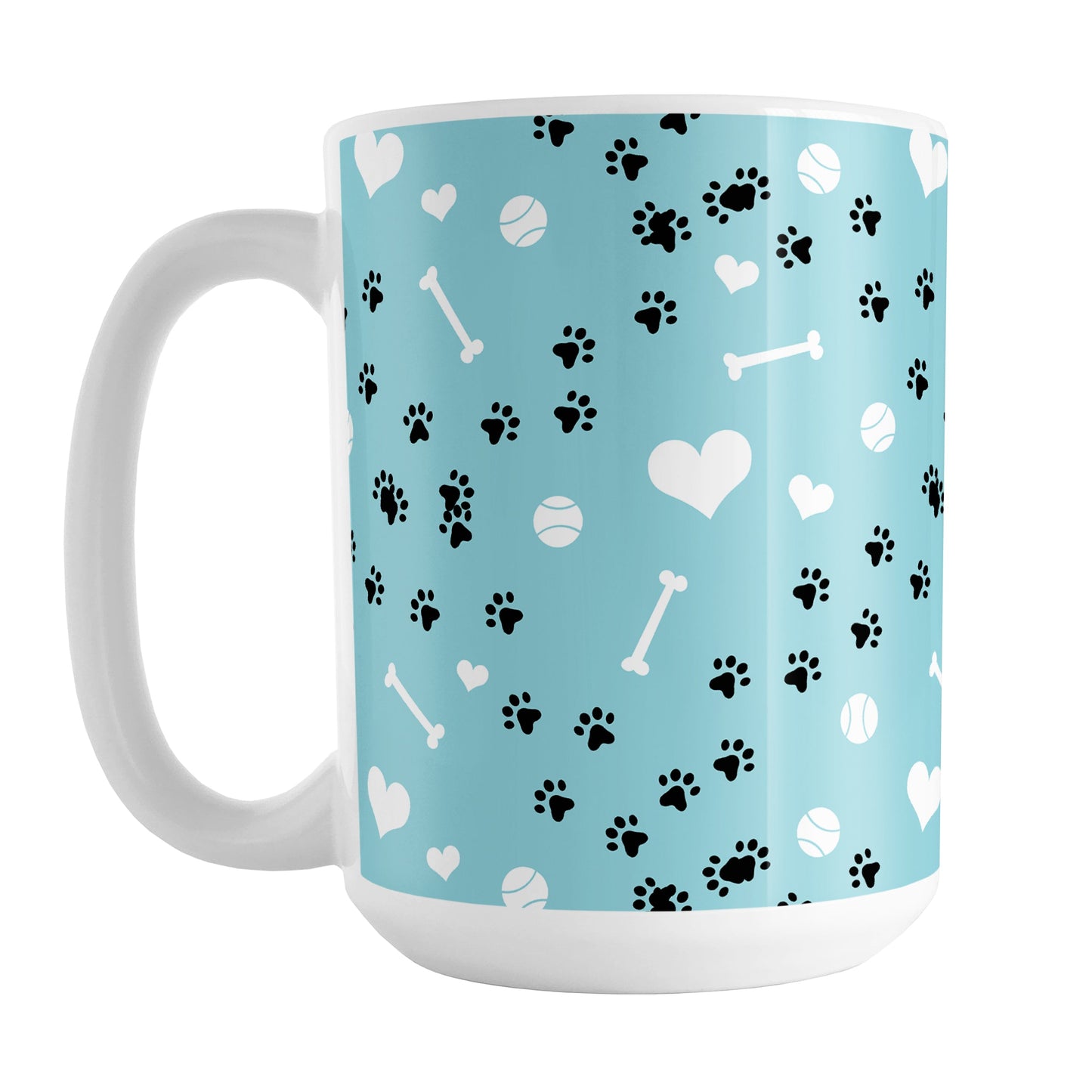 Puppy Run Blue Dog Mug (15oz) at Amy's Coffee Mugs. A ceramic coffee mug designed with a pattern of chaotic tracks of puppy paw prints running around the mug with white dog bones, balls, and hearts over a light blue background. This mug is perfect for people who love the chaotic play of puppies, love dogs, and like blue mugs. 