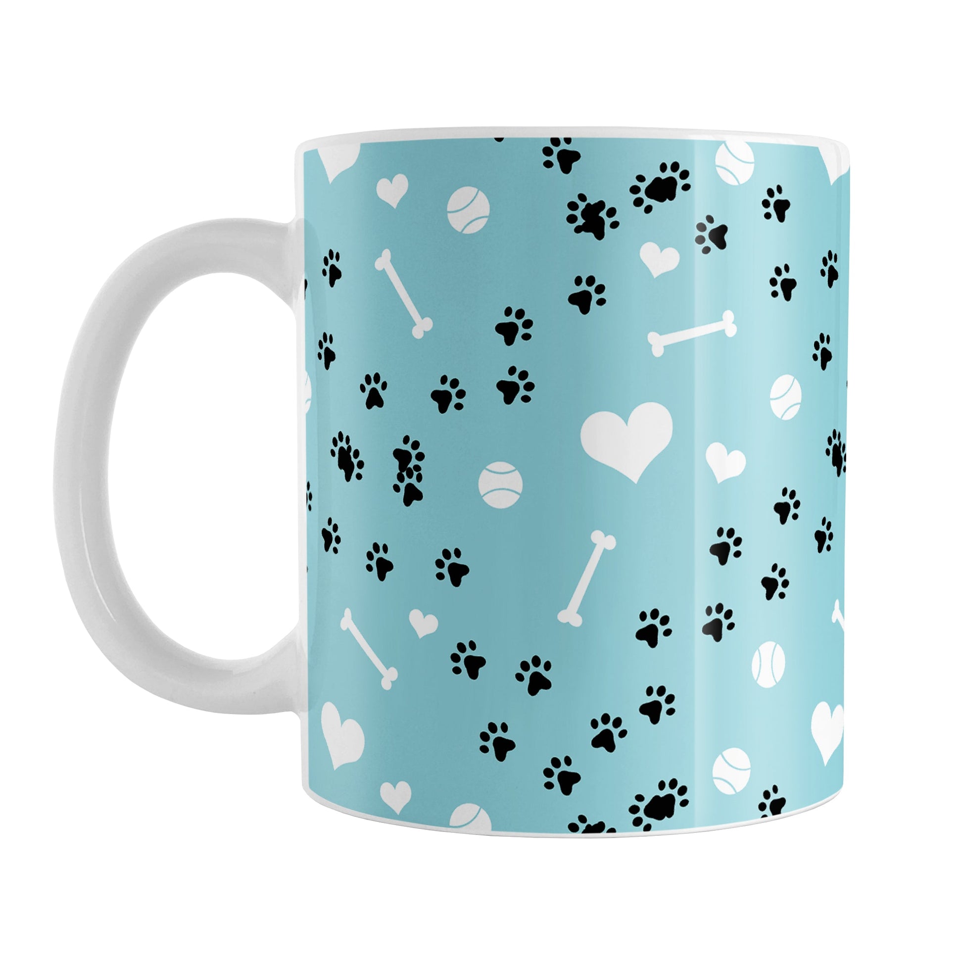 Puppy Run Blue Dog Mug (11oz) at Amy's Coffee Mugs. A ceramic coffee mug designed with a pattern of chaotic tracks of puppy paw prints running around the mug with white dog bones, balls, and hearts over a light blue background. This mug is perfect for people who love the chaotic play of puppies, love dogs, and like blue mugs. 