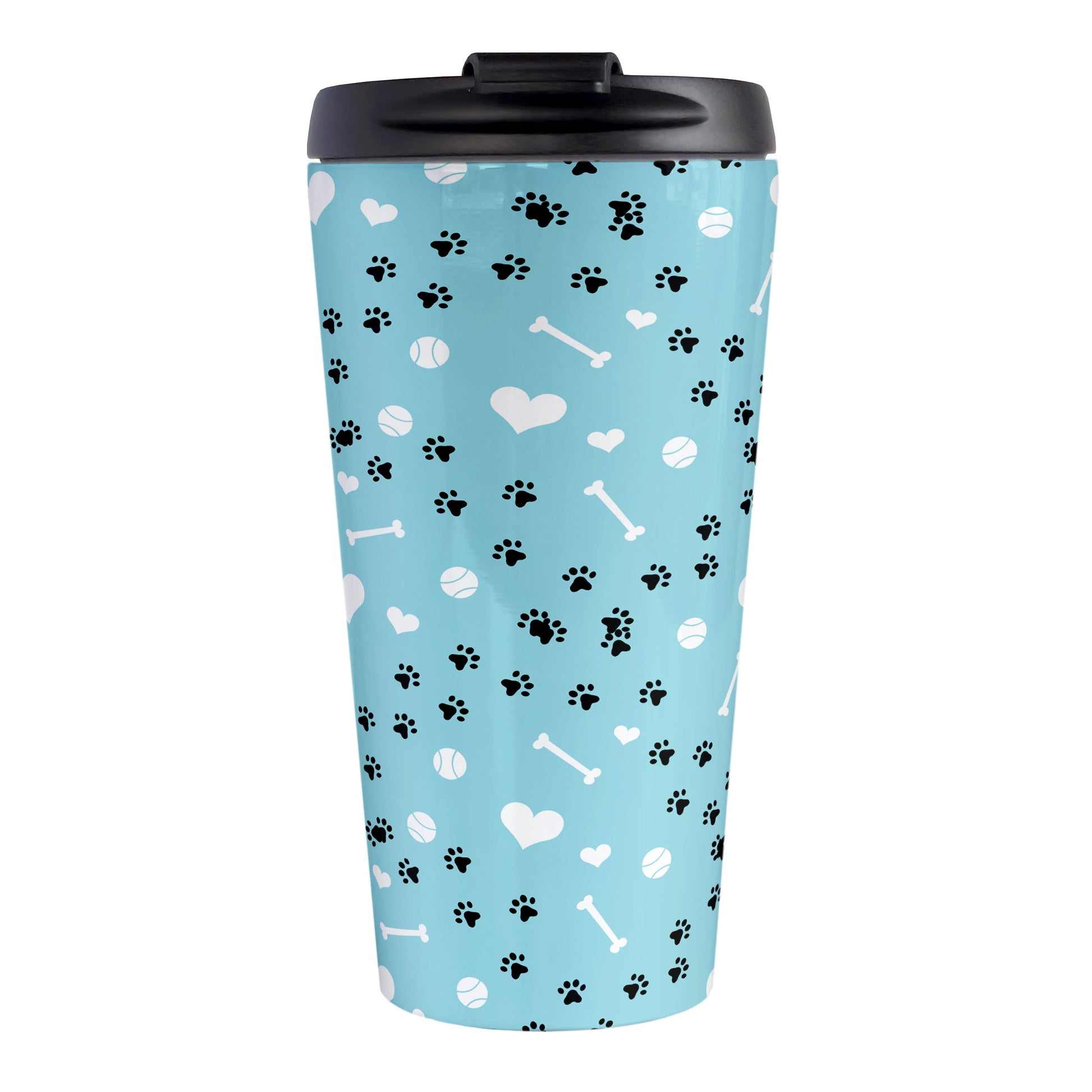 Puppy Run Blue Dog Travel Mug (15oz) at Amy's Coffee Mugs. A stainless steel travel mug designed with a pattern of chaotic tracks of puppy paw prints running around the mug with white dog bones, balls, and hearts over a light blue background. This mug is perfect for people who love the chaotic play of puppies, love dogs, and like blue travel mugs. 