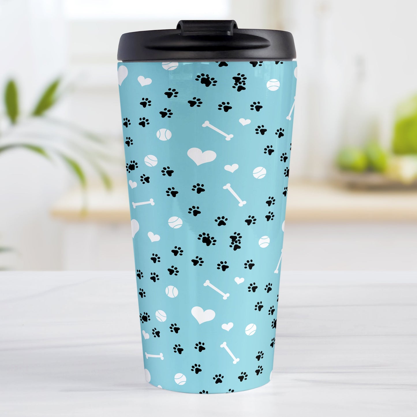 Puppy Run Blue Dog Travel Mug (15oz) at Amy's Coffee Mugs. A stainless steel travel mug designed with a pattern of chaotic tracks of puppy paw prints running around the mug with white dog bones, balls, and hearts over a light blue background. This mug is perfect for people who love the chaotic play of puppies, love dogs, and like blue travel mugs. 