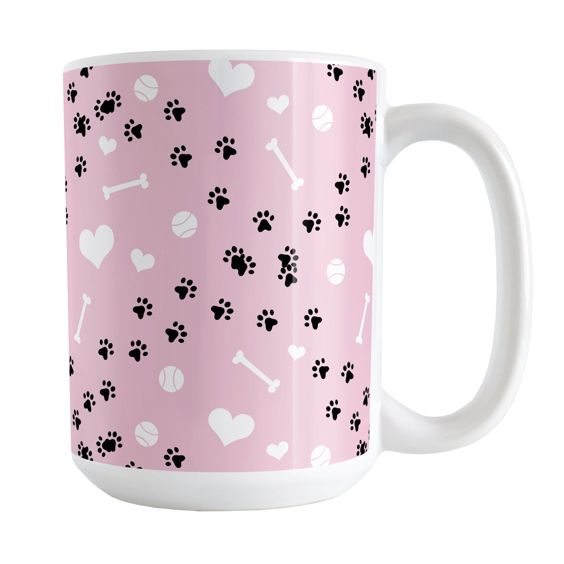 Puppy Run Pink Dog Mug (15oz) at Amy's Coffee Mugs. A ceramic coffee mug designed with a pattern of chaotic tracks of puppy paw prints running around the mug with white dog bones, balls, and hearts over a light pink background. This mug is perfect for people who love the chaotic play of puppies, love dogs, and like pink mugs. 