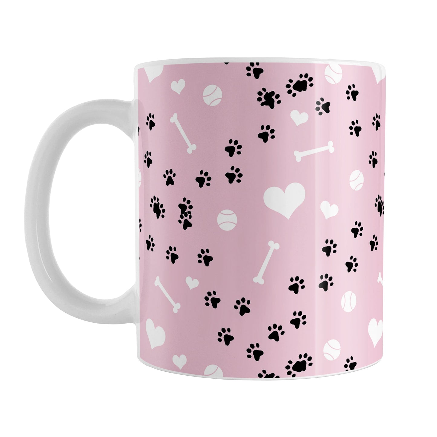 Puppy Run Pink Dog Mug (11oz) at Amy's Coffee Mugs. A ceramic coffee mug designed with a pattern of chaotic tracks of puppy paw prints running around the mug with white dog bones, balls, and hearts over a light pink background. This mug is perfect for people who love the chaotic play of puppies, love dogs, and like pink mugs. 