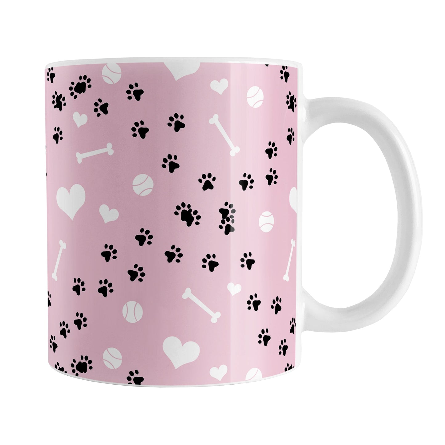 Puppy Run Pink Dog Mug (11oz) at Amy's Coffee Mugs. A ceramic coffee mug designed with a pattern of chaotic tracks of puppy paw prints running around the mug with white dog bones, balls, and hearts over a light pink background. This mug is perfect for people who love the chaotic play of puppies, love dogs, and like pink mugs. 