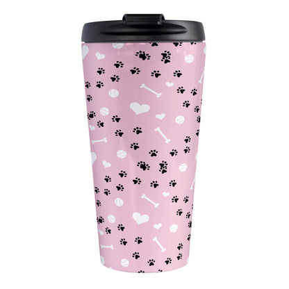 Puppy Run Pink Dog Travel Mug (15oz) at Amy's Coffee Mugs. A stainless steel travel mug designed with a pattern of chaotic tracks of puppy paw prints running around the mug with white dog bones, balls, and hearts over a light pink background. This mug is perfect for people who love the chaotic play of puppies, love dogs, and like pink travel mugs. 