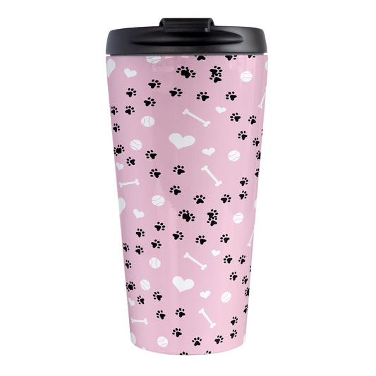 Puppy Run Pink Dog Travel Mug (15oz) at Amy's Coffee Mugs. A stainless steel travel mug designed with a pattern of chaotic tracks of puppy paw prints running around the mug with white dog bones, balls, and hearts over a light pink background. This mug is perfect for people who love the chaotic play of puppies, love dogs, and like pink travel mugs. 