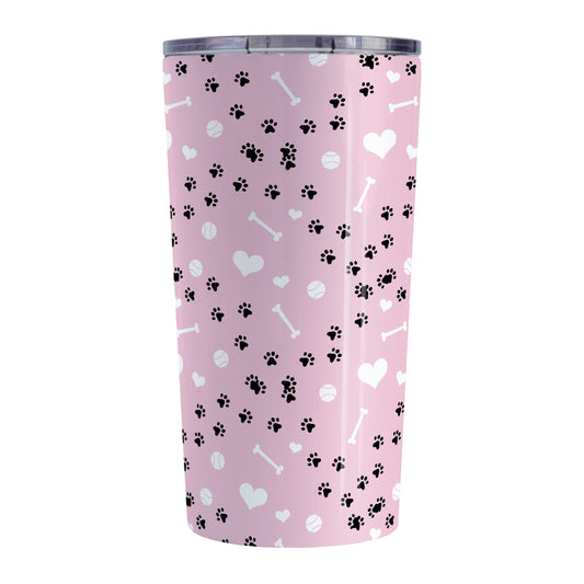 Puppy Run Pink Dog Tumbler Cup (20oz) at Amy's Coffee Mugs. A stainless steel insulated tumbler cup designed with a pattern of chaotic tracks of puppy paw prints running around the cup with white dog bones, playing balls, and hearts over a light pink background that wraps around the cup. This cup is perfect for people who love puppy dogs, cute paw print designs, and the color pink. 