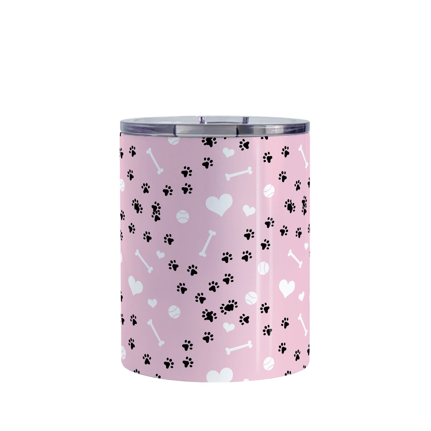 Puppy Run Pink Dog Tumbler Cup (10oz) at Amy's Coffee Mugs. A stainless steel insulated tumbler cup designed with a pattern of chaotic tracks of puppy paw prints running around the cup with white dog bones, playing balls, and hearts over a light pink background that wraps around the cup. This cup is perfect for people who love puppy dogs, cute paw print designs, and the color pink. 