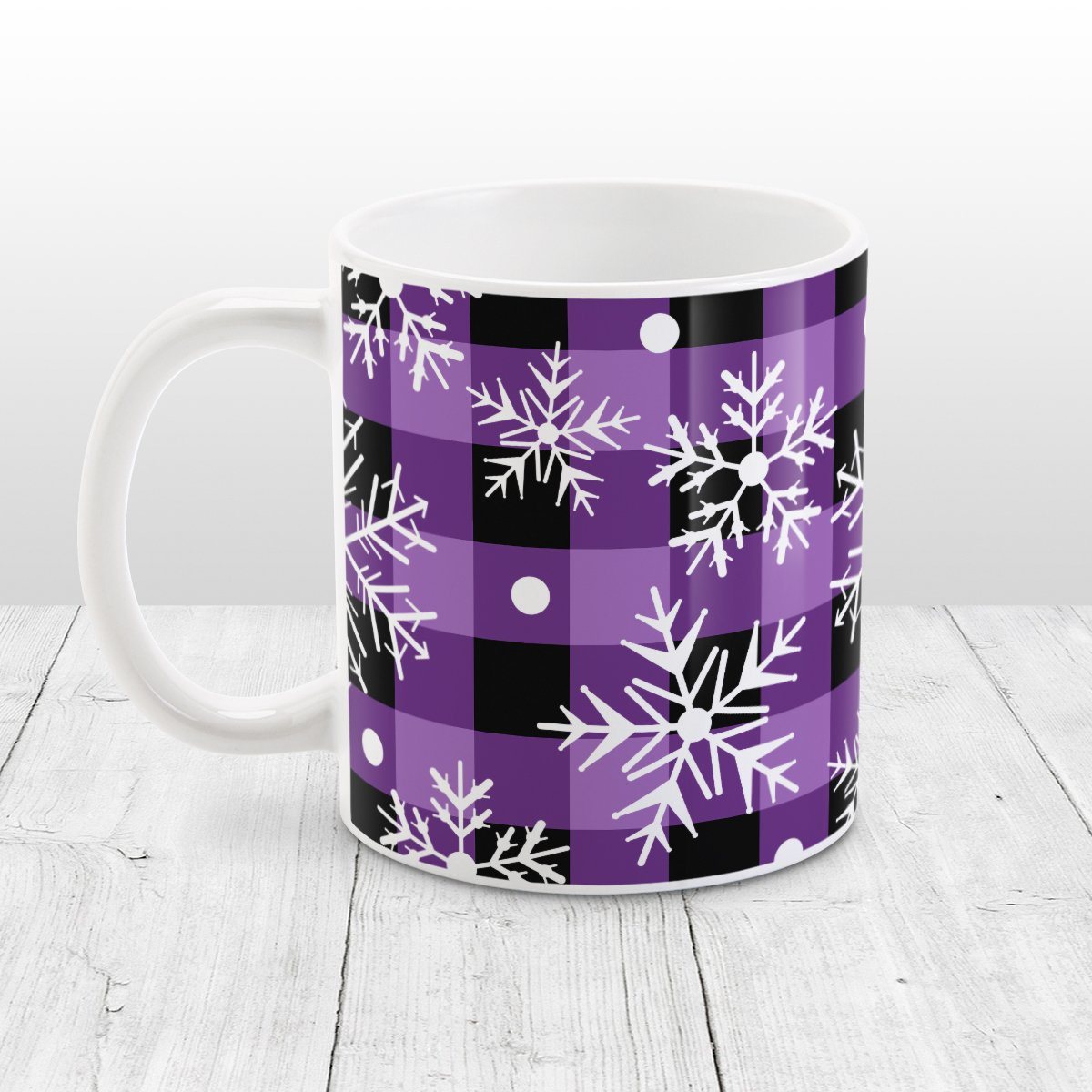 Purple and Black Buffalo Plaid Snowflake Mug (11oz) at Amy's Coffee Mugs