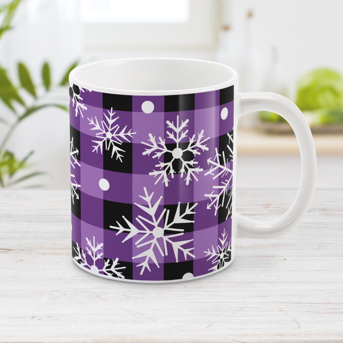 Purple and Black Buffalo Plaid Snowflake Mug (11oz) at Amy's Coffee Mugs