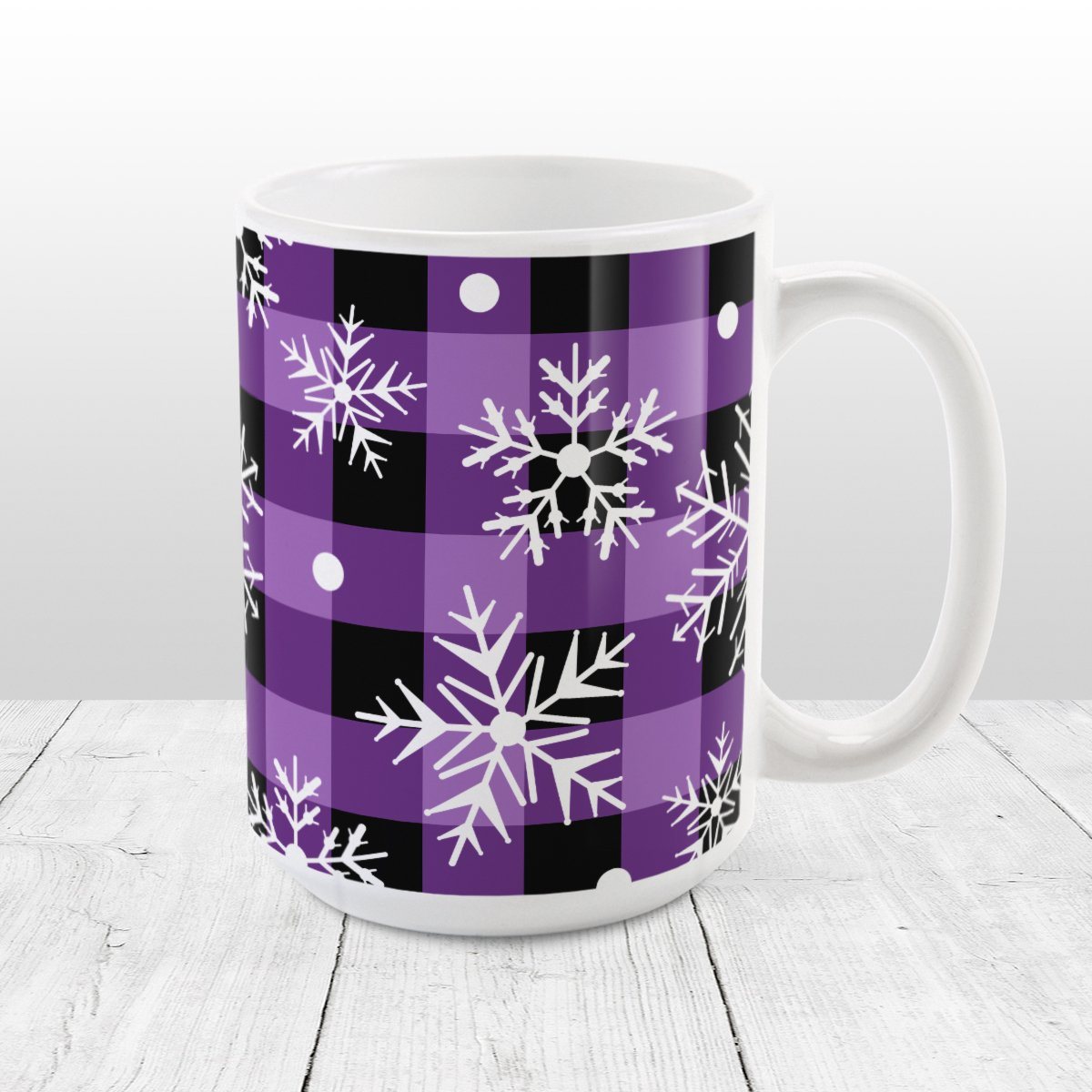 Purple and Black Buffalo Plaid Snowflake Mug (15oz) at Amy's Coffee Mugs