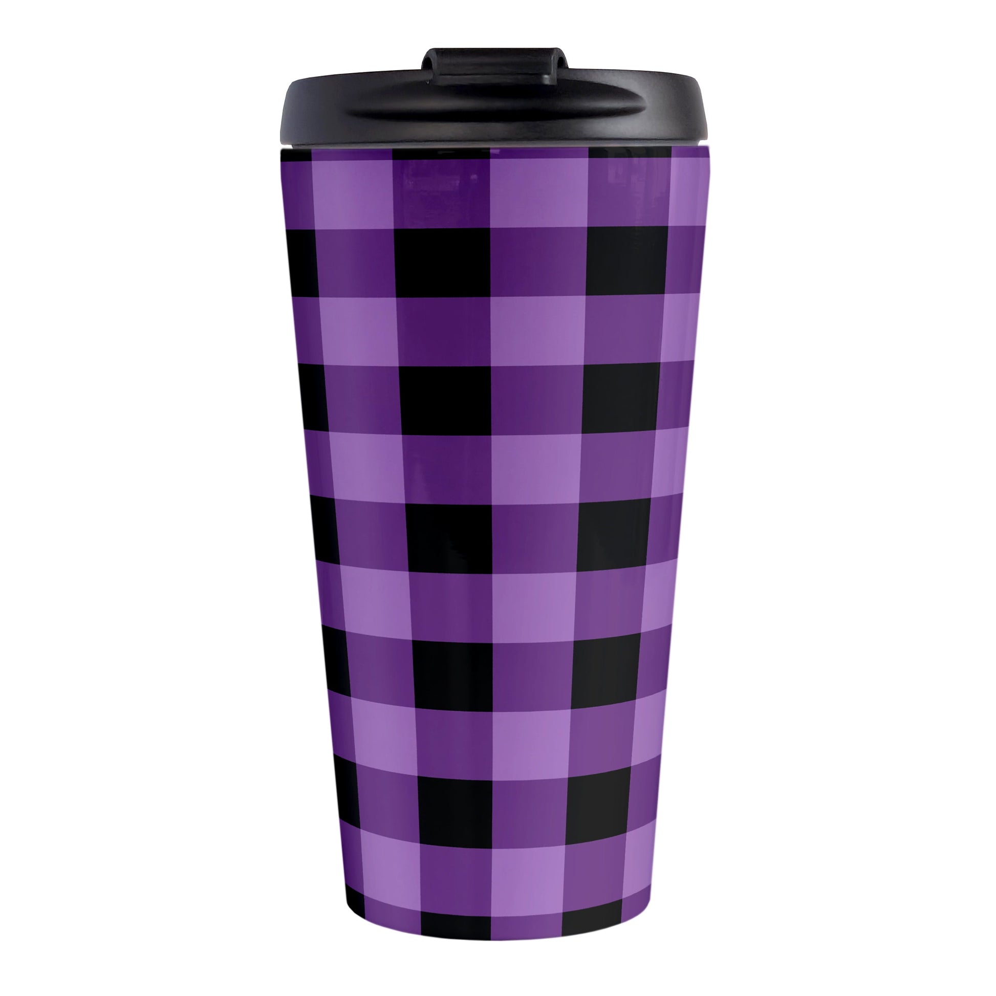 Purple and Black Buffalo Plaid Travel Mug (15oz, stainless steel insulated) at Amy's Coffee Mugs