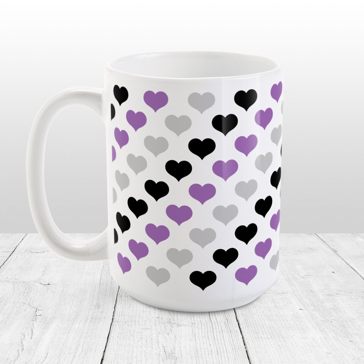 Purple Black Gray Hearts Pattern Mug at Amy's Coffee Mugs