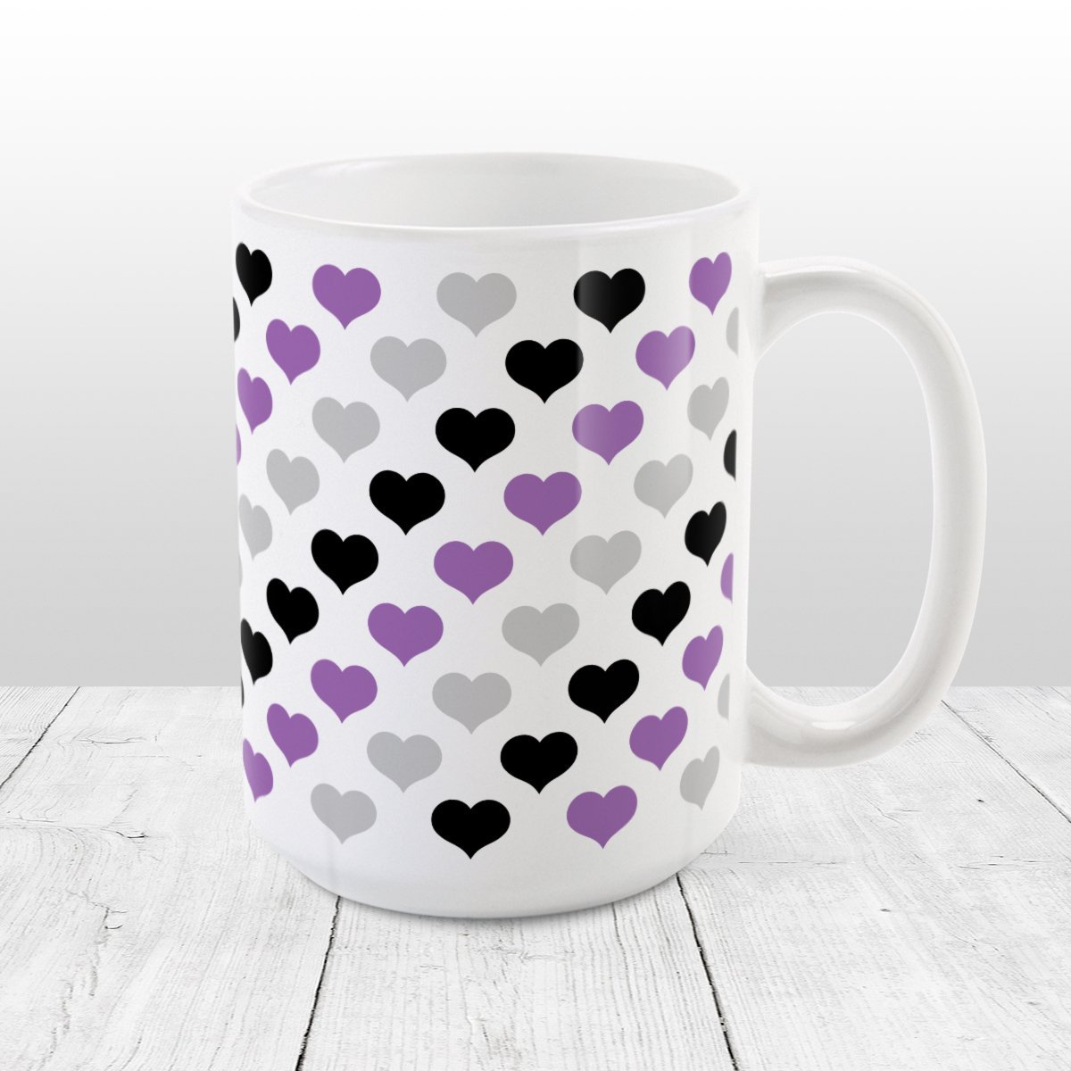 Purple Black Gray Hearts Pattern Mug at Amy's Coffee Mugs