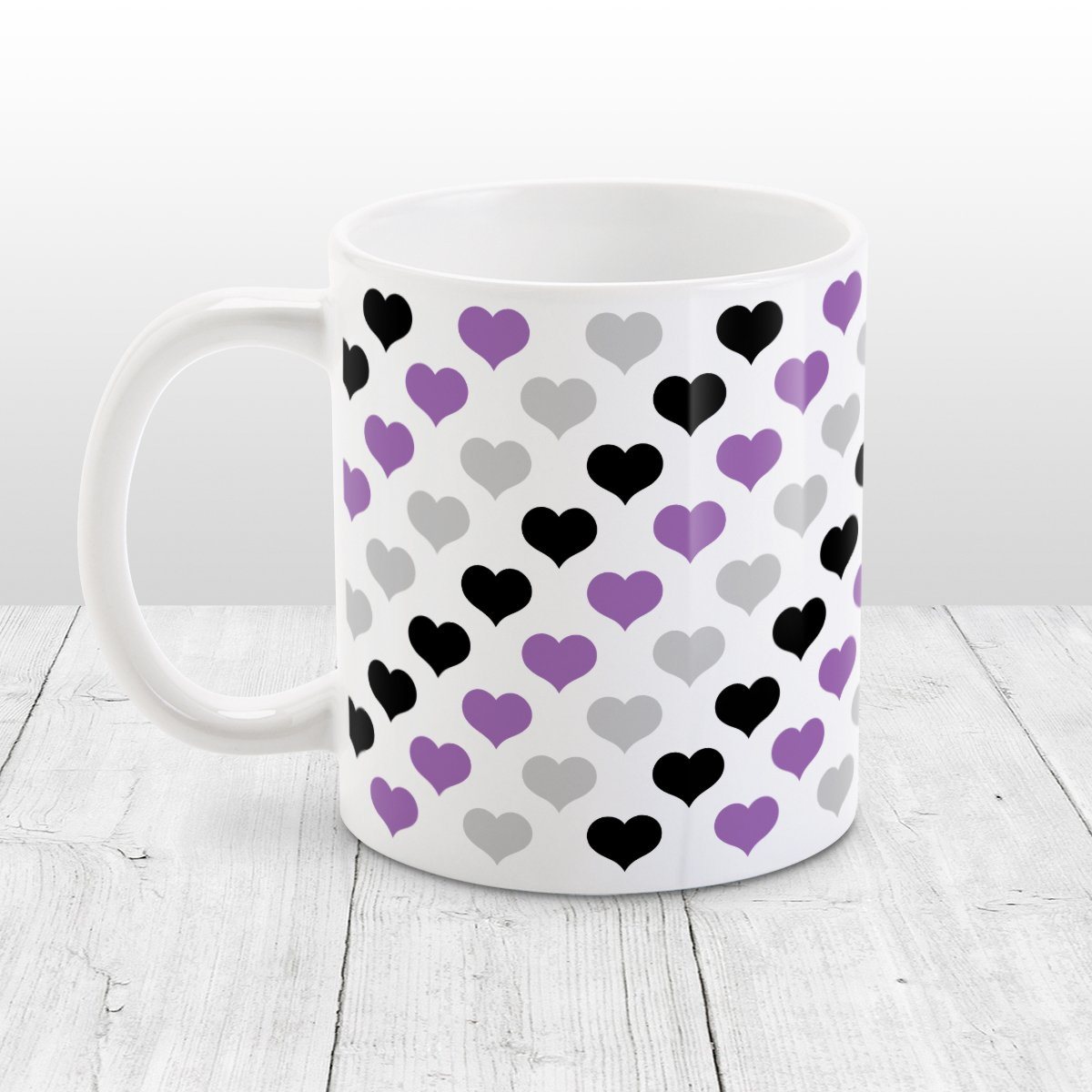 Purple Black Gray Hearts Pattern Mug at Amy's Coffee Mugs