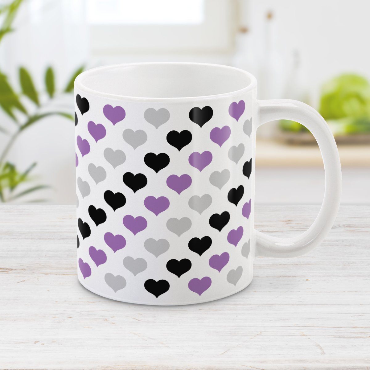 Purple Black Gray Hearts Pattern Mug at Amy's Coffee Mugs