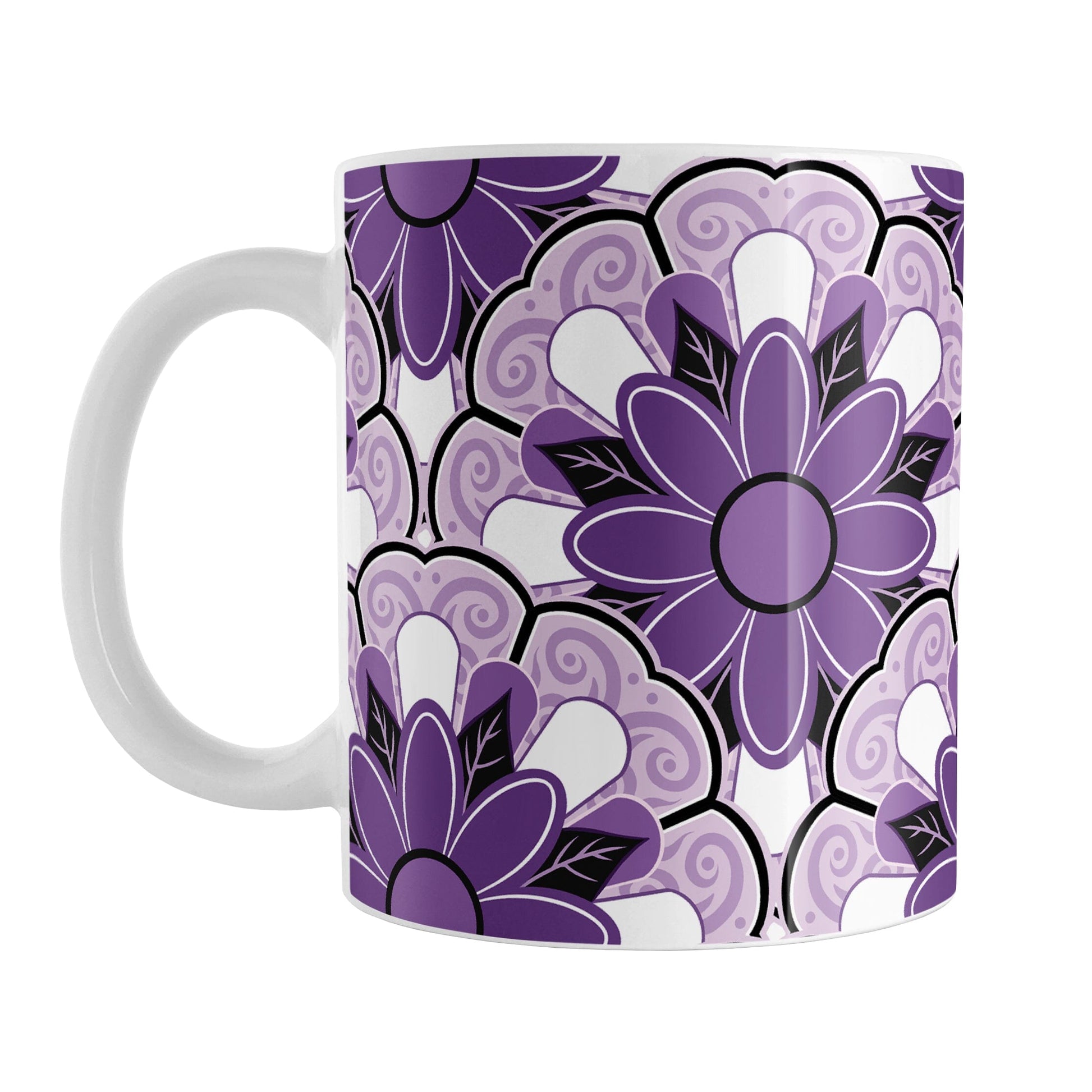 Purple Flower Tiles Pattern Mug (11oz) at Amy's Coffee Mugs. A ceramic coffee mug featuring a purple monochromatic pattern of floral-shaped tiles each with a stack of different purple flower designs centered within it. This large flower pattern design wraps around the mug to the handle.