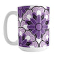 Purple Flower Tiles Pattern Mug (15oz) at Amy's Coffee Mugs. A ceramic coffee mug featuring a purple monochromatic pattern of floral-shaped tiles each with a stack of different purple flower designs centered within it. This large flower pattern design wraps around the mug to the handle.