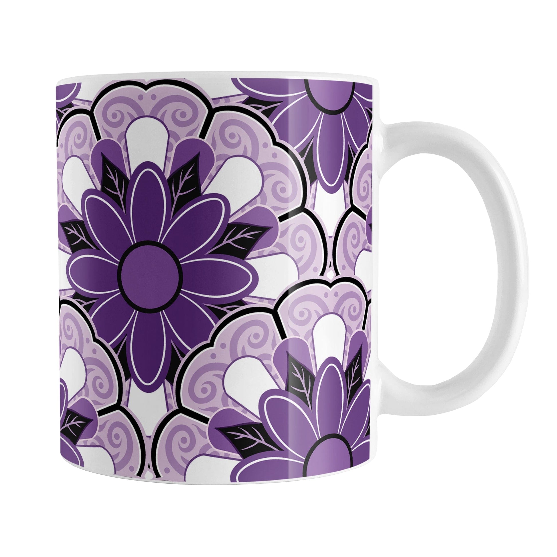 Purple Flower Tiles Pattern Mug (11oz) at Amy's Coffee Mugs. A ceramic coffee mug featuring a purple monochromatic pattern of floral-shaped tiles each with a stack of different purple flower designs centered within it. This large flower pattern design wraps around the mug to the handle.