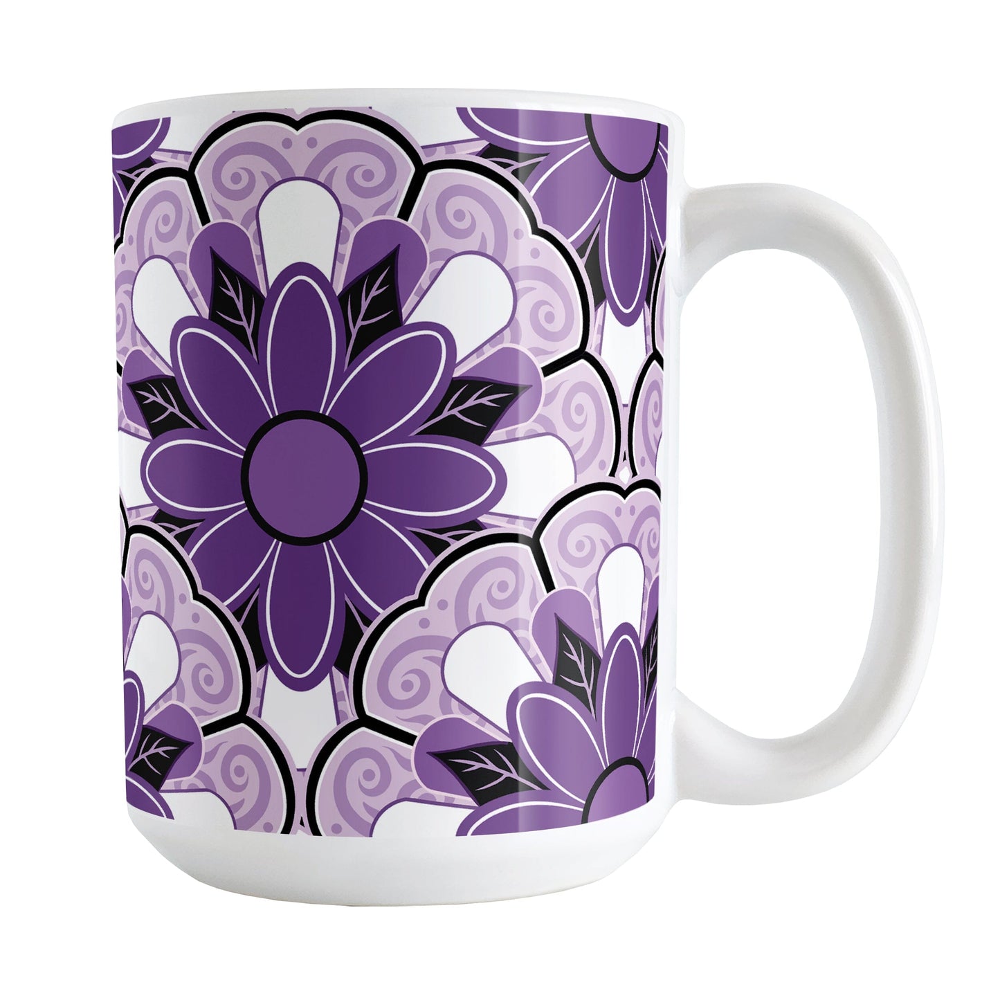 Purple Flower Tiles Pattern Mug (15oz) at Amy's Coffee Mugs. A ceramic coffee mug featuring a purple monochromatic pattern of floral-shaped tiles each with a stack of different purple flower designs centered within it. This large flower pattern design wraps around the mug to the handle.