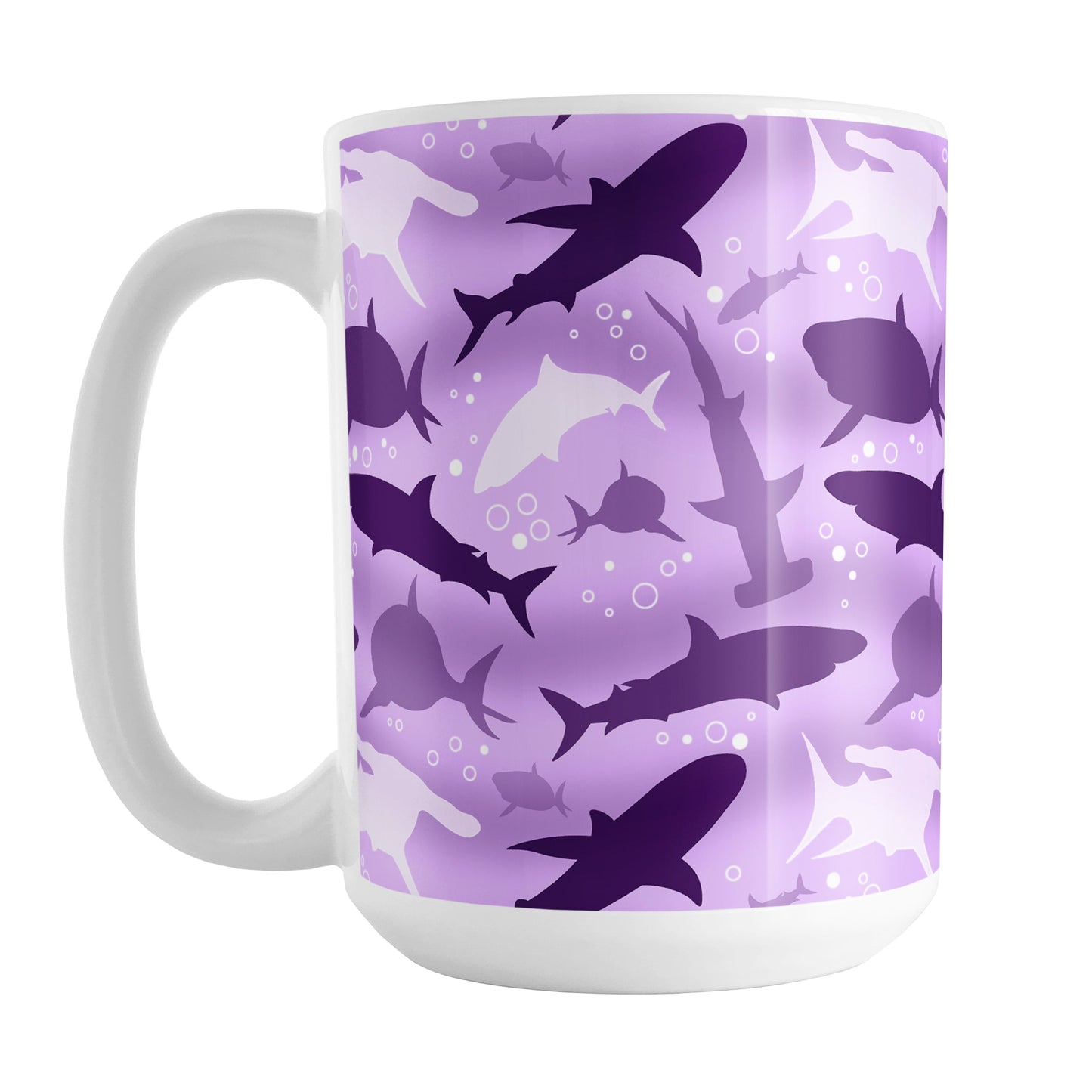 Purple Frenzy Sharks Mug (15oz) at Amy's Coffee Mugs. A ceramic coffee mug designed with a pattern of sharks in different shades of purple, in a frenzy deep beneath the purple water background, that wraps around the mug to the handle. Perfect for people who love sharks and the color purple.