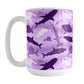 Purple Frenzy Sharks Mug (15oz) at Amy's Coffee Mugs. A ceramic coffee mug designed with a pattern of sharks in different shades of purple, in a frenzy deep beneath the purple water background, that wraps around the mug to the handle. Perfect for people who love sharks and the color purple.