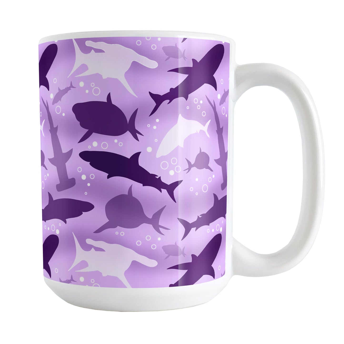 Purple Frenzy Sharks Mug (15oz) at Amy's Coffee Mugs. A ceramic coffee mug designed with a pattern of sharks in different shades of purple, in a frenzy deep beneath the purple water background, that wraps around the mug to the handle. Perfect for people who love sharks and the color purple.