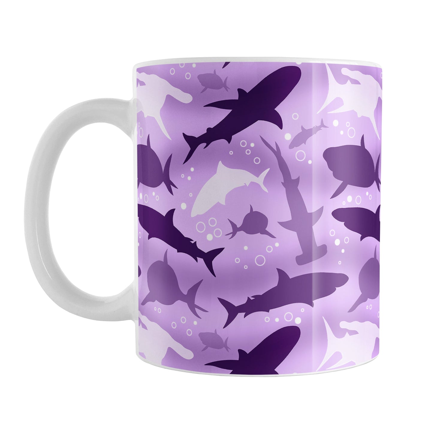 Purple Frenzy Sharks Mug (11oz) at Amy's Coffee Mugs. A ceramic coffee mug designed with a pattern of sharks in different shades of purple, in a frenzy deep beneath the purple water background, that wraps around the mug to the handle. Perfect for people who love sharks and the color purple.