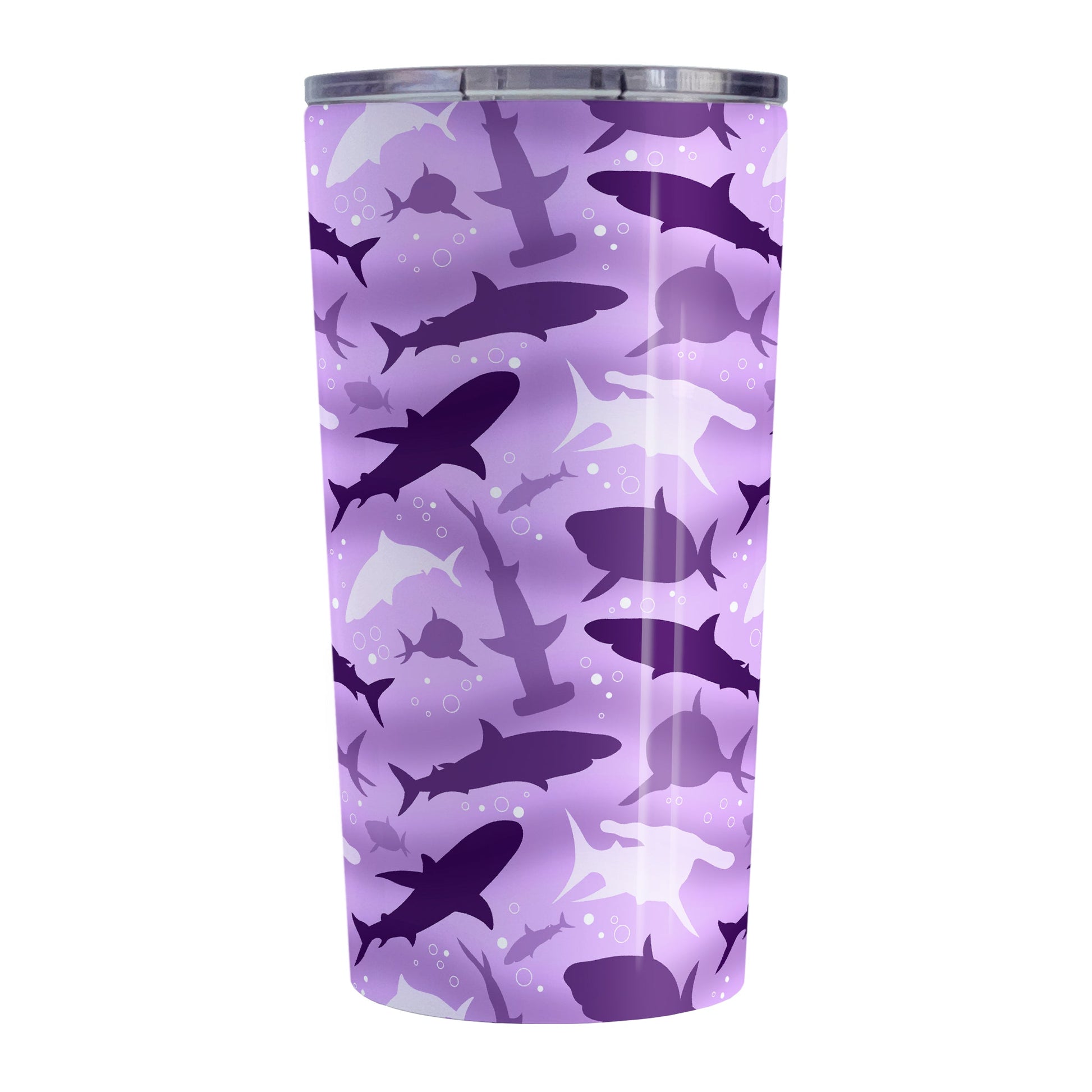 Purple Frenzy Sharks Tumbler Cup (20oz) at Amy's Coffee Mugs. A stainless steel insulated tumbler cup designed with a pattern of sharks in different shades of purple, in a frenzy deep beneath the water, that wraps around the cup. Perfect for people who love sharks or are looking for the perfect shark gift.