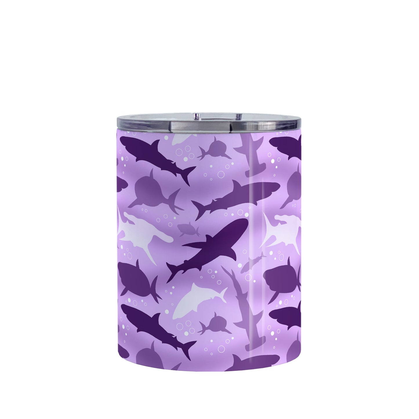 Purple Frenzy Sharks Tumbler Cup (10oz) at Amy's Coffee Mugs. A stainless steel insulated tumbler cup designed with a pattern of sharks in different shades of purple, in a frenzy deep beneath the water, that wraps around the cup. Perfect for people who love sharks or are looking for the perfect shark gift.