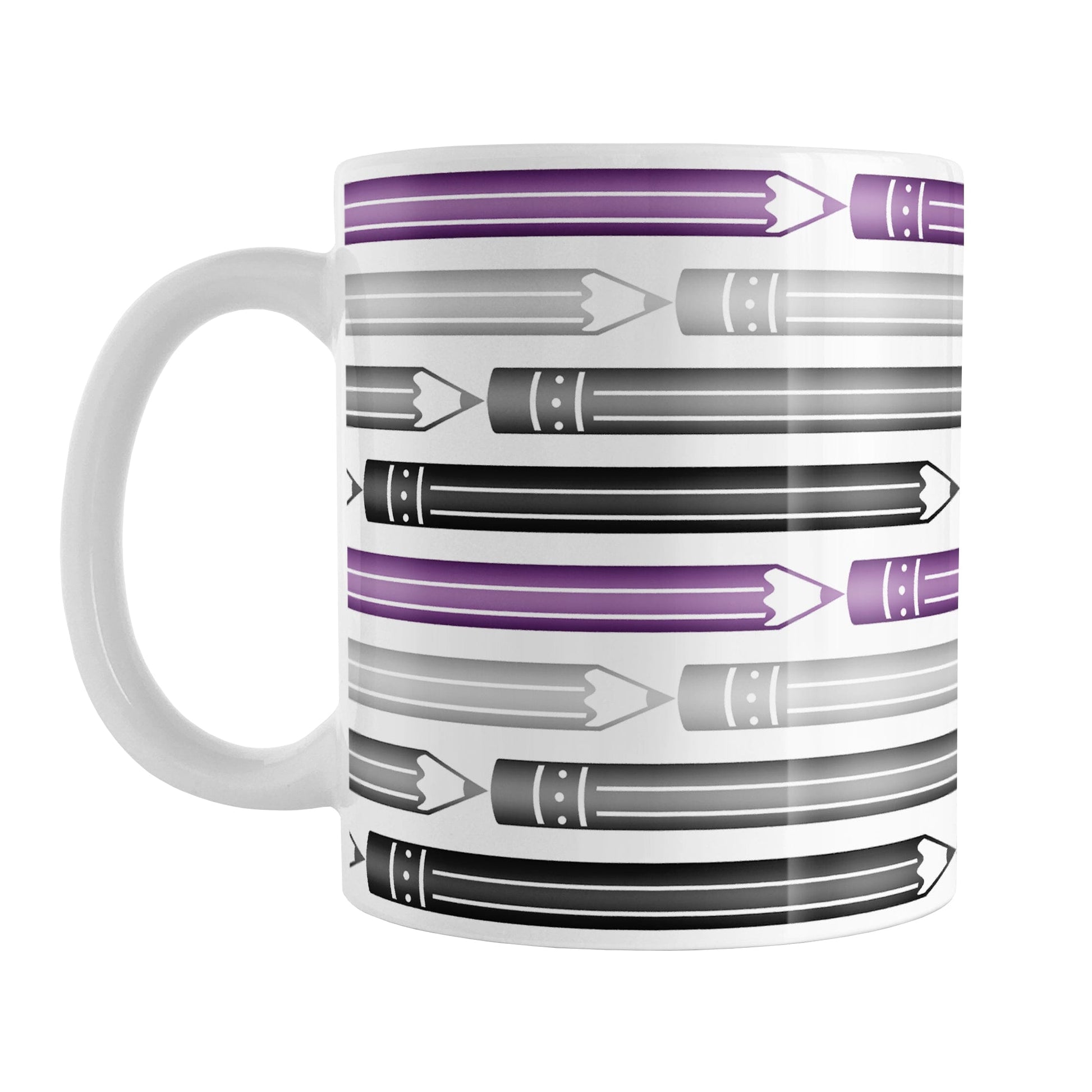 Purple Gray Black Pencils Pattern Mug (11oz) at Amy's Coffee Mugs. A ceramic coffee mug designed with a horizontal pencils in purple, gray, and black, stacked in a pattern that wraps around the mug to the handle.