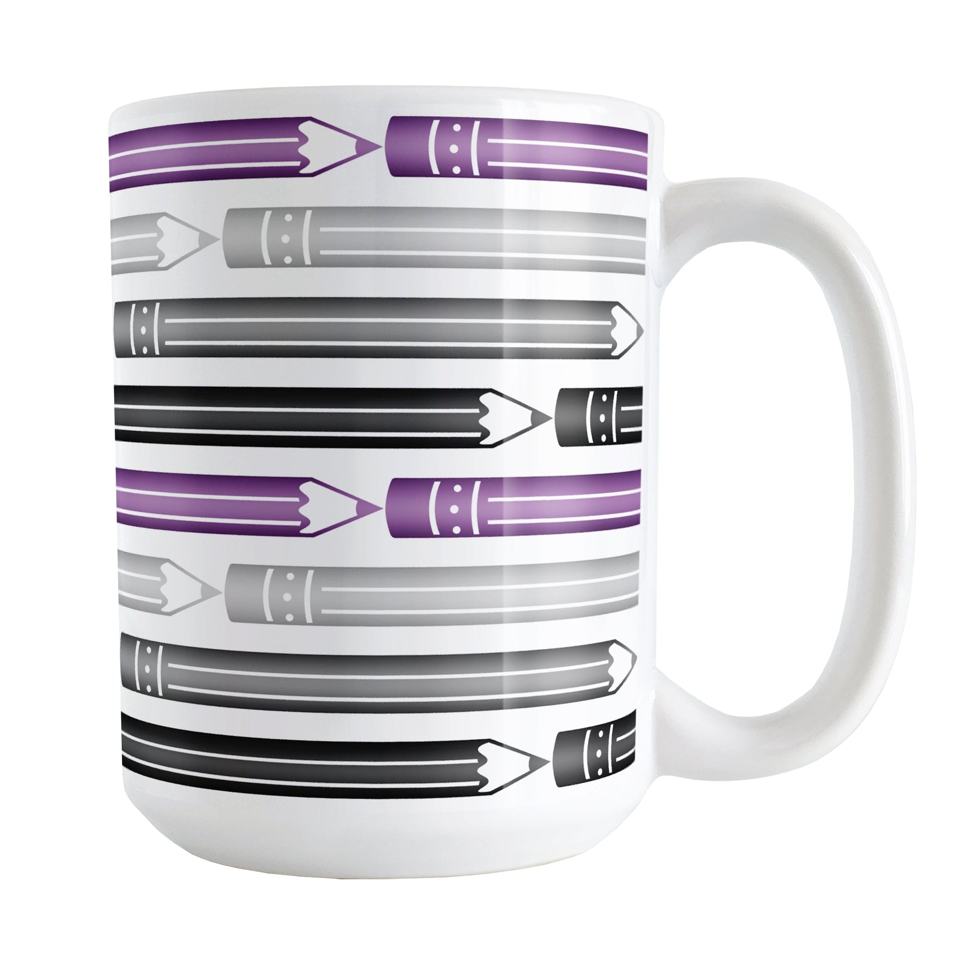 Purple Gray Black Pencils Pattern Mug (15oz) at Amy's Coffee Mugs. A ceramic coffee mug designed with a horizontal pencils in purple, gray, and black, stacked in a pattern that wraps around the mug to the handle.