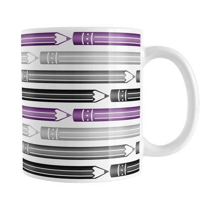 Purple Gray Black Pencils Pattern Mug (11oz) at Amy's Coffee Mugs. A ceramic coffee mug designed with horizontal pencils in purple, gray, and black, stacked in a pattern that wraps around the mug to the handle.