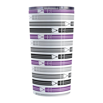 Purple Gray Black Pencils Pattern Tumbler Cup (20oz) at Amy's Coffee Mugs. A stainless steel tumbler cup designed with a horizontal pencils in purple, gray, and black, stacked in a pattern that wraps around the cup.