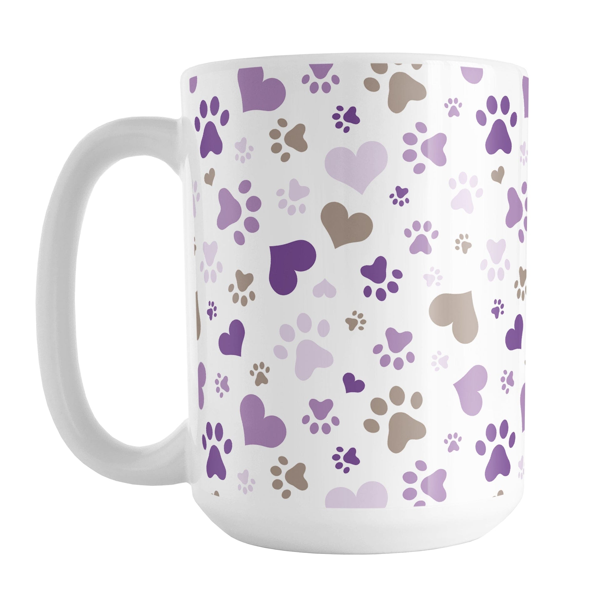 Purple Hearts and Paw Prints Mug (15oz) at Amy's Coffee Mugs. A ceramic coffee mug designed with a pattern of hearts and paw prints in brown and different shades of purple that wraps around the mug to the handle. This mug is perfect for people love dogs and cute paw print designs.