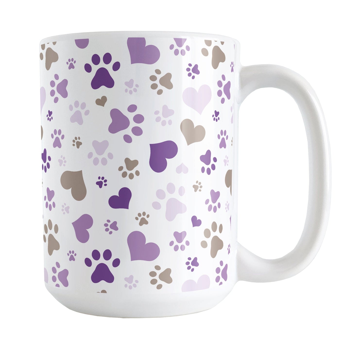 Purple Hearts and Paw Prints Mug (15oz) at Amy's Coffee Mugs. A ceramic coffee mug designed with a pattern of hearts and paw prints in brown and different shades of purple that wraps around the mug to the handle. This mug is perfect for people love dogs and cute paw print designs.