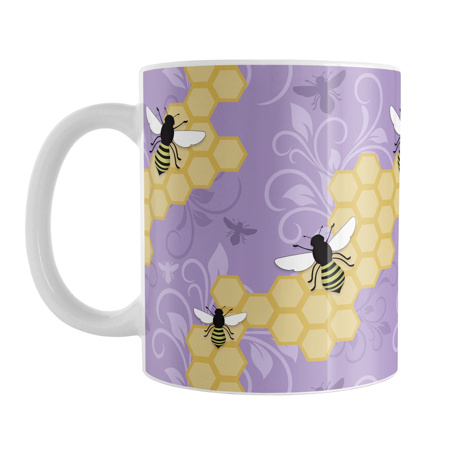 Purple Honeycomb Bee Mug (11oz) at Amy's Coffee Mugs. A ceramic coffee mug designed with a pattern of black and yellow bees on honeycomb lines over a purple flourish background that wraps around the mug to the handle.