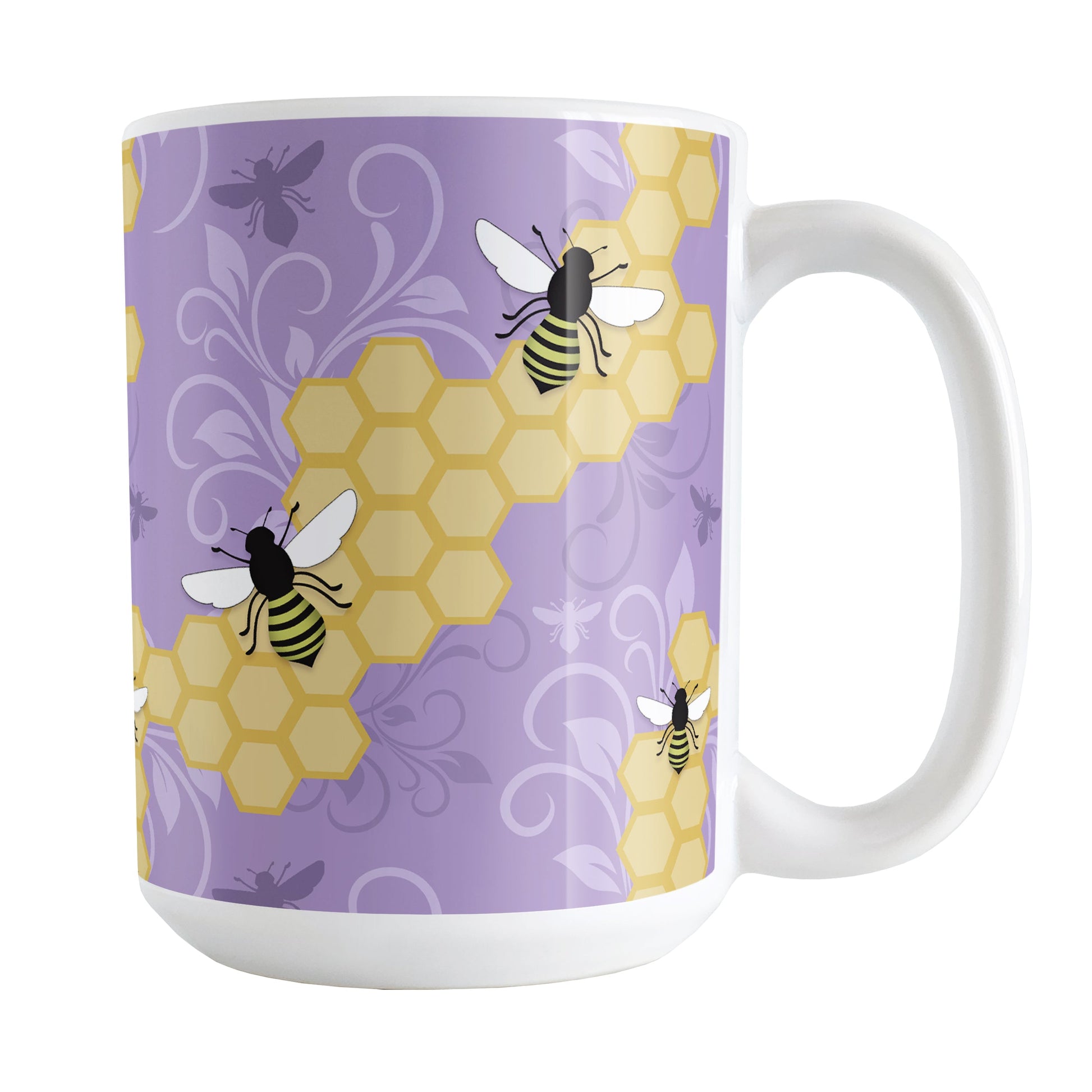 Purple Honeycomb Bee Mug (15oz) at Amy's Coffee Mugs. A ceramic coffee mug designed with a pattern of black and yellow bees on honeycomb lines over a purple flourish background that wraps around the mug to the handle.