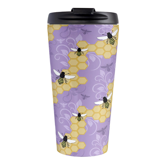 Purple Honeycomb Bee Travel Mug (15oz, stainless steel insulated) at Amy's Coffee Mugs. A travel mug designed with a pattern of black and yellow bees on honeycomb lines over a purple flourish background that wraps around the tapered shaped mug.