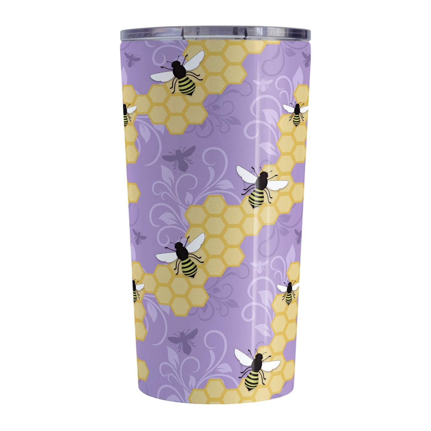 Purple Honeycomb Bee Tumbler Cup (20oz, stainless steel insulated) at Amy's Coffee Mugs. A tumbler cup designed with a pattern of black and yellow bees on honeycomb lines over a purple flourish background that wraps around the cup.